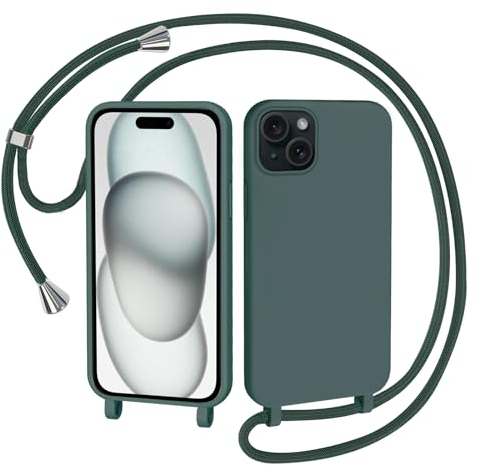 AOMYKE Coque pour iPhone 15 avec Cordon, Collier Étui Silicone Liquide avec Tour de Cou Lanière en Corde Souple TPU Antichoc Housse - Vert foncé