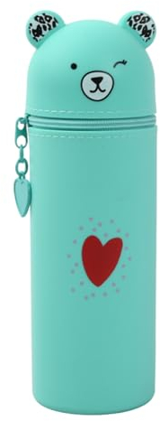 Trousse Silicone Verticale Kawaii, Porte-Stylo de Table Ours, Crayons Scolaire Cartoon, Sac de Papeterie de Bureau pour Étudiant, Cadeaux Rentrée (Vert)