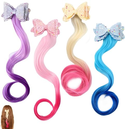 SRTSTR 4 Stück Locken Haarverlängerung Clips Haarsträhnen Kinder Einflechten Haarverlängerungen und Haarspangen Bunte Haarteil Synthese Party Ankleiden für Mädchen DIY Haar (4 Farben)