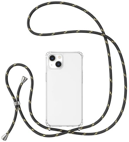 UEEBAI Crossbody Lanyard Clear case for iPhone 13 Pro Max 6.7 inch, Silicone Phone Cover with Adjustable Necklace Strap Soft Belt Neck Cord Lanyard Shockproof Protective Case - Black Gold