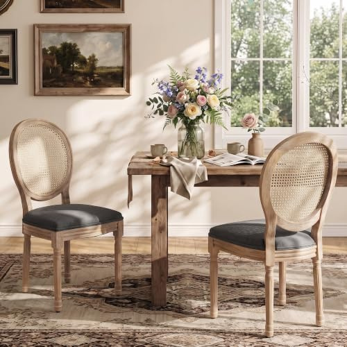 SoarTalent 2er Set Esszimmerstühle Rattan Ovalrücken, Dunkelgrau | Im französischen Landhausstil gefertigt, mit geschwungener ovaler Rückenlehne aus Rattan. Die gepolsterte Sitzfläche