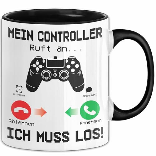 Mein Controller Ruft An Tasse Geschenk Für Gamer Und Zocker Ich Muss Los Geburtstag Kaffee-Becher (Schwarz)