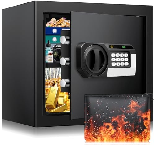 32L Digital Home Safe, Safe Box with with Fireproof Waterproof Money Bag, Anti-theft Fireproof Safes with Combination Lock and Alarm System, Fire Proof Home Safes for Money Jewelry Medicine Valuables