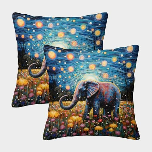 VesFy Bunter Elefant Wurfkissenbezug 2er-Set Dekokissen Kissenhülle Kissen Deko Kissen Fall Tier Wurfkissenbezüge Für Schlafzimmer Wohnzimmer Sofa 50x50cm
