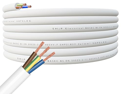 SHPELEC® FLEXIBLE White Cable 3183Y 0.75mm, 1.0mm, 1.5mm, 2.5mm BASEC Approved White PVC LED Lighting 5m 10m 15m 20m 50m (1.0mm 3 Core - 40metres)