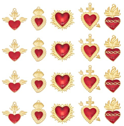 UNICRAFTALE 20 Pz 5 Stili Ciondolo A Forma di Cuore In Lega Smaltata - Cuore Sacro Dorato, Rosso Spine di Cardi, Smaltato Fantasia per Gioielli