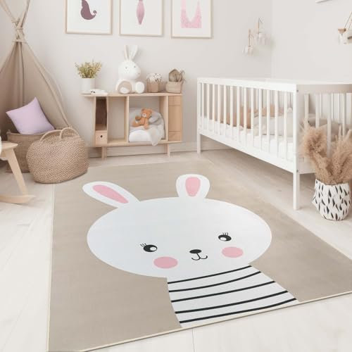 Taracarpet Kinderzimmer Teppich für Kinder, Jungen, Mädchen und Jugendzimmer Fresh Kids Tiere Hase Taupe 160x220 cm