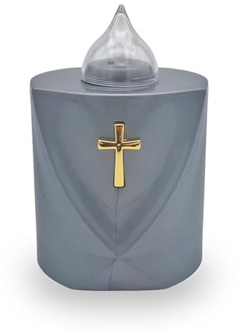 AROBA LED Grabkerze Trauerlicht - Flackereffekt wie echte Kerze - lange Brenndauer bis 120 Tage - wiederverwendbar Friedhofskerze Gedenkkerze Dauerkerze - silber Heiliges Kreuz