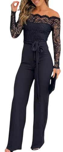 CHICME Womens Dressy Jumpsuits Casual One Piece Outfits Off Shoulder Lace Trim Overalls Straight Leg Pants