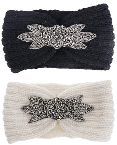 WUNZILO 2 Stück Stirnbänder Damen Winter Strick Haarband mit Strass Gestrickt Kopfband Frauen Mädchen Elastische Ohrenwärmer Breit Haarreifen für Winter Herbst, Schwarz, Beige