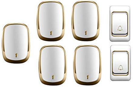 WOTZOV IP44 Waterproof Wireless Doorbell, Home Ultra Long Distance Door Chime Kit,2 Push Button+5 Receivers,36 Ringtones,4 Volume Level,Gold,Gold