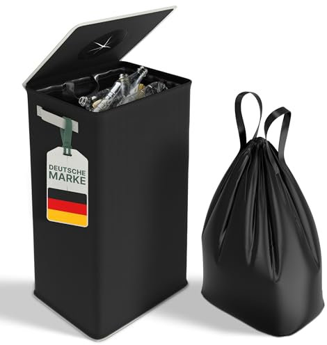 BELIKLEIT Pfandflaschen Sammelbehälter schwarz mit Deckel und 2 Taschen | Pfandflaschen Behälter PET-Flaschen, Dosen, Altglas | Aufbewahrung, Leergut Sammelbehälter, Flaschensammler Leergut für Küche