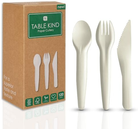 Table Kind 120 x Disposable Paper Cutlery Set Biodegradable Forks Knives Spoons Festivals, Food Vans, Cafés Corporate Events Garden Parties Camping Picnics BBQ Catering Home Compostable Recyclable