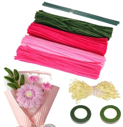 427 stuck Pfeifenreiniger zum Basteln, Pipe Cleaner Flower Set, Pfeifenputzer zum Basteln Blumen, Chenilledraht, Bastelzubehör (Rosa Lilie Set)