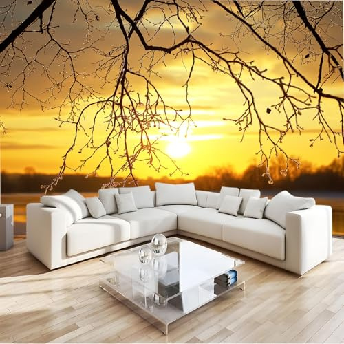Fototapete Fotografie Sonnenuntergang See Zweige 250 x 175 cm Tapete Fototapeten Vlies Tapeten Wandtapete moderne Gelb, für Wohnzimmer Schlafzimmer - Vliestapete Wandtapete Tapete 3D Effekt