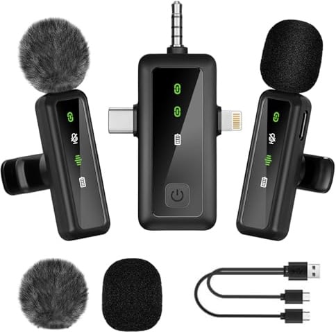 2 Pcs Microfono Wireless Bluetooth, con 3 in 1 Ricevitore Universale, Riduzione del Rumore, Plug-Play, Microfono Lavalier senza Fili per Smartphone Pc Fotocamere, per Podcast Video Live Intervista