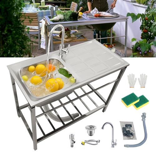 Fregadero Exterior Jardin Independiente de Acero Inoxidable 304 Fregadero Utilitario de Cocina Comercial con Grifo/Banco De Trabajo Fregaderos Industriales Para Sótano/Garaje Ahorra Espacio(75x40xH75c