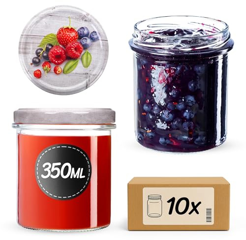KADAX 10er Set Marmeladengläser 350ml TO82 Himbeeren, Einmachgläser Vorratsgläser Mason Jar mit Schraubdeckel, Luftdichte Schraubgläser, Honig & Konfitüre