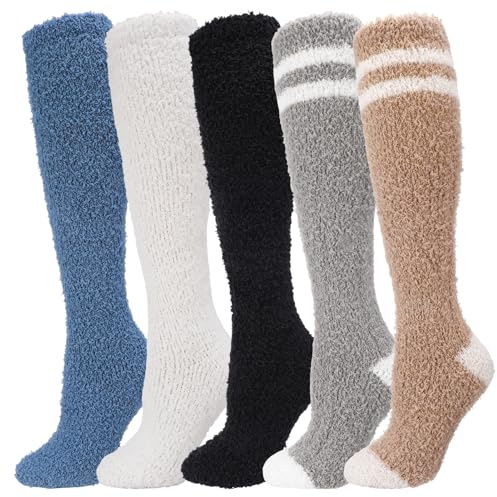 Zuimei 5 Pairs Fluffy Knee High Socks, Womens Coral Fleece Thigh High Socks | Warm Soft Long Sock, Leg Warmer, Boot Over Knee Sock for Women and Girls, Winter Gifts