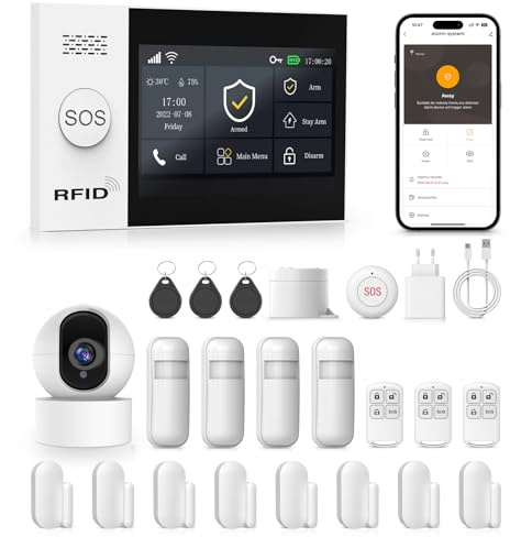 PGST GSM+WiFi Alarmanlage Haus mit 4.3 Touch Screen,Kein Vertrag Smart Komplettsysteme mit APP/SMS/Telefonanruf Alarm 8 Stück,Bewegungsmelder,Tür/Fenster Sensoren,Sicherheitskamera,Fernbedienungen