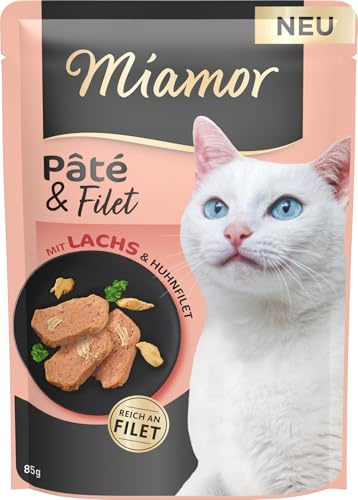 Miamor – Pâté & Filet | Nassfutter für ausgewachsene Katzen mit zarten Filetstückchen. Getreide-, Zucker- und glutenfreies Alleinfutter in der Dose ohne Zusätze | 10x85g Lachs & Huhnfilet
