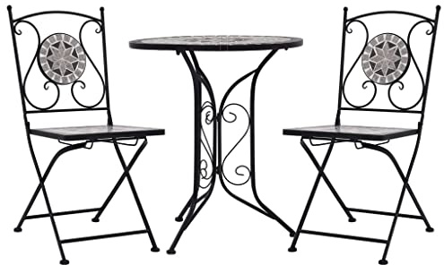 Teenpull 3-TLG. Bistro-Set Mosaik Keramik Grau, Robustes Outdoor Möbel für Balkon und Terrasse, Ø 61 cm Tisch mit 2 Stühlen, wetterfest und pflegeleicht