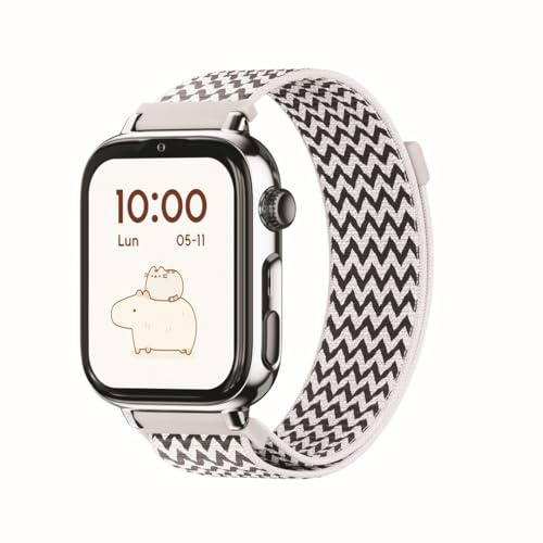SaveFamily SaveWatch Plus 2 | Smartwatch für Kinder mit GPS-Tracker | Anrufe, Video, WhatsApp, Spotify, App Store, silberfarbenes Zifferblatt und Armband aus Zickzack-Stoff