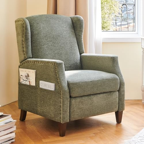 COLAMY Wingback Sessel mit Pushback-Funktion, Moderner Bezugsstoff Sessel fürs Wohnzimmer mit Seitentasche und Nagelkopf-Akzenten, Grün