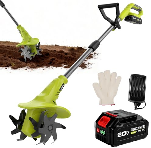 DEWINNER Motobineuse Électrique, 20V Bineuse sans Fil avec Poignée Mobile, Largeur Ø20cm, Idéale pour Petits Massifs et Potagers – 4.0Ah Batterie et Chargeur Incluse