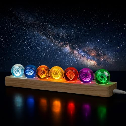 Hivexagon 7 Chakra-Kristallkugeln (40 mm) mit Holzsockel, inklusive Dimmer und Timer Funktion für Meditation, Feng Shui, Dekoration und als Geschenk (Rechteck)