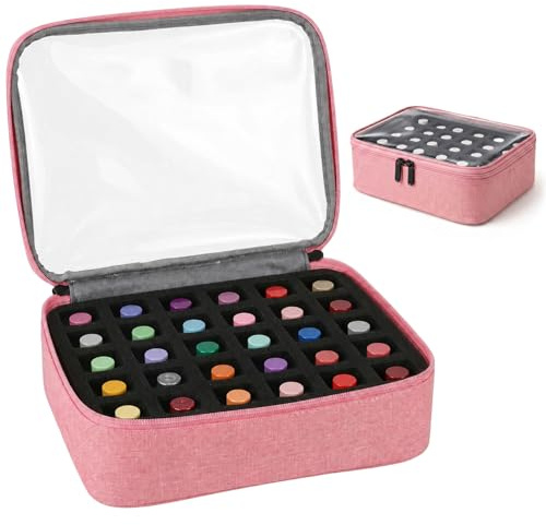 Nail Polish Organiser, 30-Bottle Nail Varnish Storage Bag with Foam Divider | PUYUKO Pink Nail Box Storage Case, Nail Kit Holder with Clear Lid, Essential Oil Travel Carrying Case