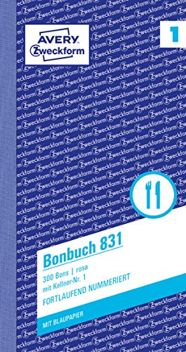 AVERY Zweckform 831 Bonbuch (105x198mm, 300 Bons mit Kellner-Nr. 1, mit einem Blatt Blaupapier und je einem Durchschlag, 1 Block mit 300 Stück, ideal für den Gastronomiebedarf) rosa/weiß