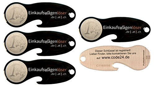 Einkaufswagenlöser ® Münze schwarz/Schlüsselanhänger Einkaufschip mit Schlüsselfundservice/Abziehbarer Einkaufswagenchip Metall, Chip Einkaufswagen, Key Finder / 5 Stück