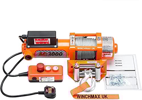 WINCHMAX 1,500lb (680Kg) Mains Voltage 240V 13A Single Phase Original Orange Winch. 5mm x 12.5M Galvanized Steel Wire Rope, 1/2 Inch Clevis Hook, Roller Fairlead.