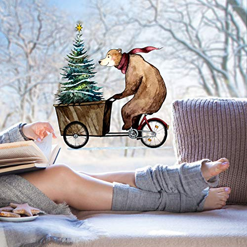 ilka parey wandtattoo-welt Fensterbild Bär auf Fahrrad mit Weihnachtsbaum -WIEDERVERWENDBAR- Fensterdeko Winterdeko Weihnachtsdeko Fensterbilder bf7