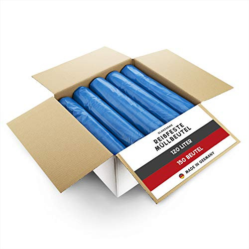 Glanzgenie 150 Stück reißfeste Müllsäcke 120 L, 79 μm | Typ 100 | extra stark & reißfest | 10 Rollen à 15 Stück| XXL Abfallbeutel - 700x1100mm | LPDE, blau | Müllentsorgung Haushalt, Garten, Gewerbe