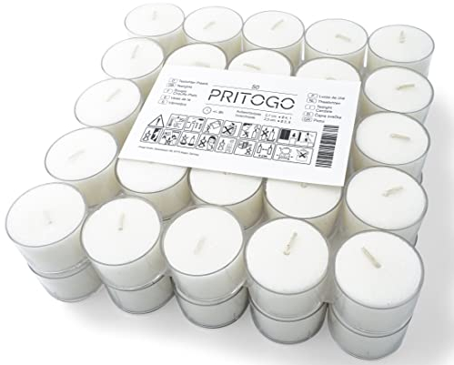 Pritogo Teelichter, 500 Stück, Weiß, Brenndauer: 8 Stunden, 20 g Wachsgewicht, 25 x 38 mm, Kunststoffhülle, Gastro, Hochzeit, Dekorieren, Feiern, Entspannen, Outdoor, Party