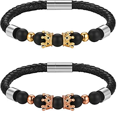 JewelryWe Pärchen Lederarmband, King & Queen Krone Crown Achat Perlen Paar Couple Armband Armreif Rosegold Gold Silber Schwarz