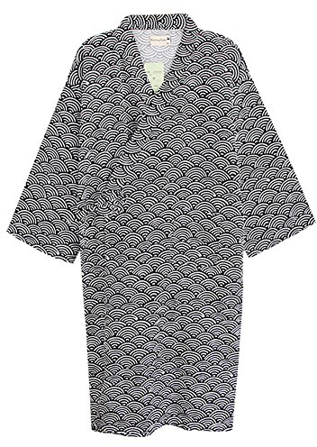 Kimono Morgenmantel Yukata V-Ausschnitt Langarm Schlafmantel Bademantel Japanischer atmungsaktiv Saunamantel bequem Nachtwäsche weich Baumwolle Gestreift Sleepwear mit Tasche Frauen Männer