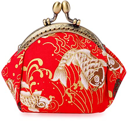 Oyachic Portemonnaie Damen Klein, Coin Purse Geldbörse mit Clipverschluss Klickverschluss, Karpfen Münztasche Mädchen Kartenhalter Rot