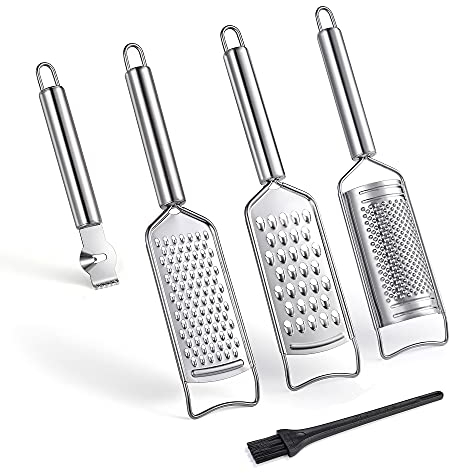 Tongjude Edelstahl Käsereibe Set, 5er Set Küchenreibe & Schäler & Hobel, Zitronenzester mit Reinigungsbürste für Gemüse, Obst, Schokolade