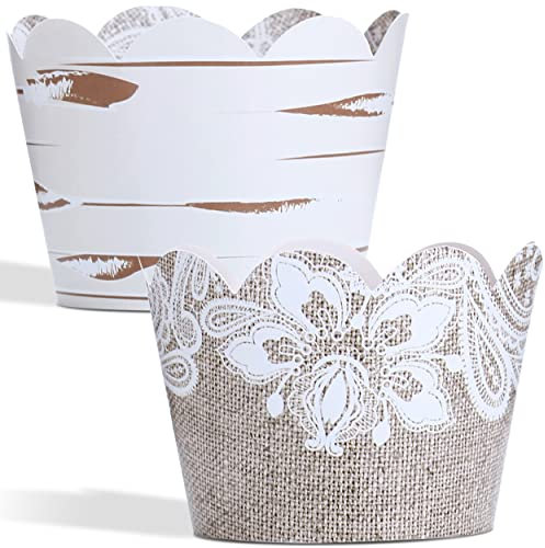 Pretty Cute Studios Cupcake-Förmchen aus Jute und Spitze, 48-fädig, Birke, Cupcake-Förmchen aus Jute, Holzmaserung, rustikale Cupcake-Förmchen