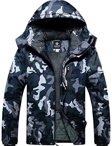 GEMYSE Homme Veste de Ski Imperméable de Montagne Manteau d'hiver Extérieur en Polaire Coupe-Vent avec Capuche (Camouflage8,2XL)
