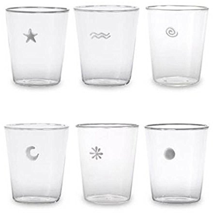 Zafferano Symbols Set 6 Bicchieri Acqua Trasparenti con Simboli Vari