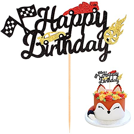 Racing Car Cake Topper Happy Birthday Race Car Checkered Flag Themed Cake Decoration for Children Boys Girls Birthday Party Sports Event Party Supplies