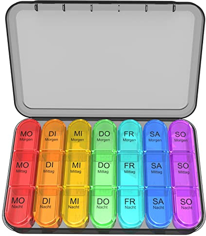 Tablettenbox 7 Tage 3 Fächer, Tablettenbox 7 Tage Morgens Mittags Abends, Deutsch Pillendose 7 Tage für Eine Woche Pillendose, 21 Fächer Medikamentenbox (Schwarz Gehäuse)