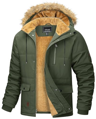 MAGCOMSEN Herren Wintermantel Parka Warme Outdoorjacke Fleece Winddicht Kapuzenjacke Herren Gefüttert Arbeitsjacke Verdickt Übergangsjacke Wandern Trekkingjacke mit Multi Taschen Armeegrün L