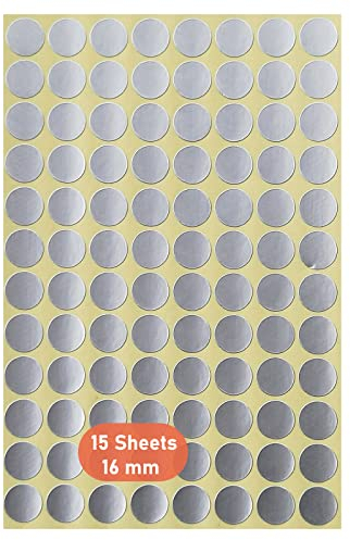 Runde Punkt Aufkleber,16mm Selbstklebende Punkte 15er Pack Farbige Kreisetiketten Punkt-Aufkleber zum Markieren von Kalendern DVDs Schulbücher Kunsthandwerk 1440 Punkte Silber