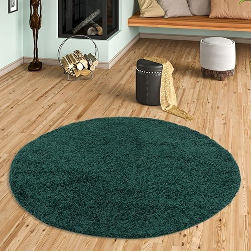 Moderner Wohnzimmer Hochflor Langflor Shaggy Teppich Fluffy Rund Petrol in 3 Größen