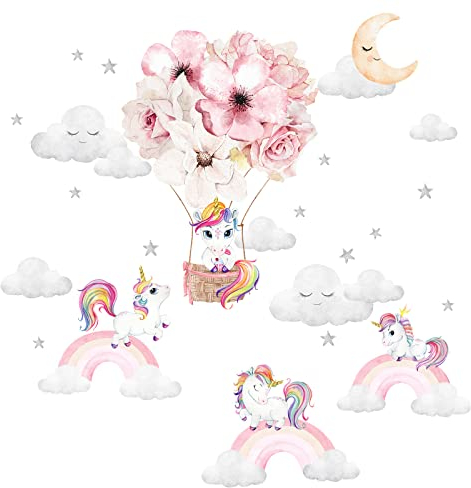 Little Deco Wandtattoo für Kinderzimmer Einhorn Regenbogen Heißluftballon Wandsticker Baby Wanddeko Wandaufkleber DL813-2